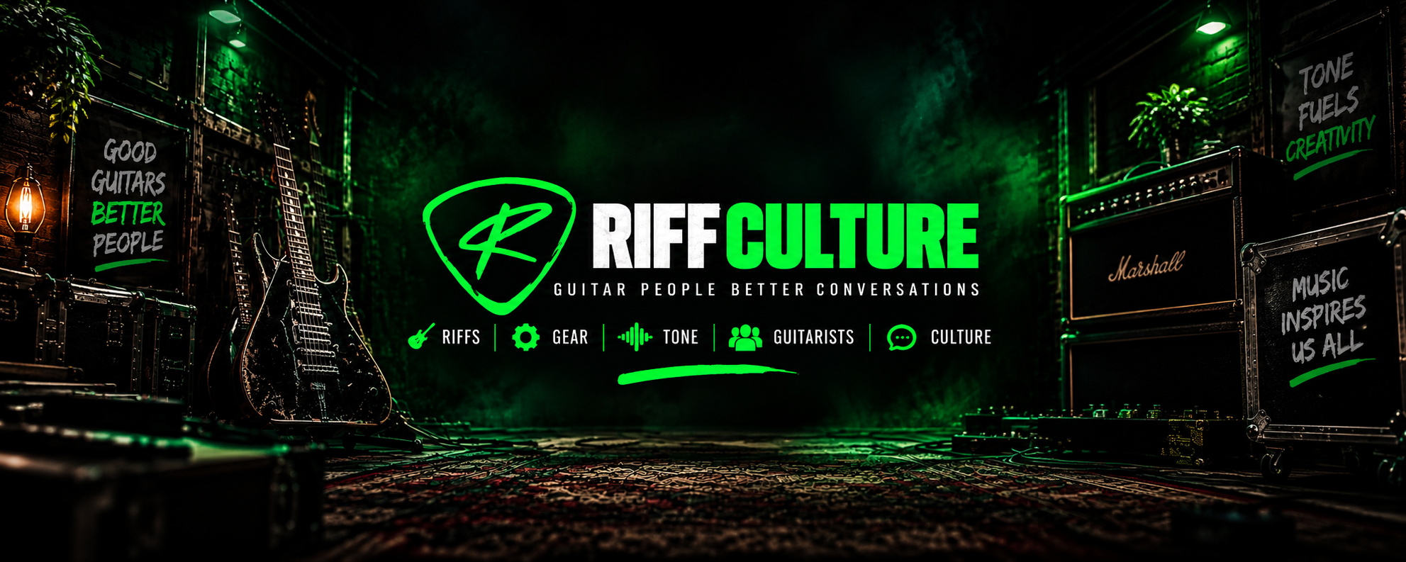 Dark green guitar studio with RiffCulture branding